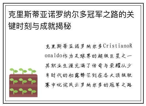 克里斯蒂亚诺罗纳尔多冠军之路的关键时刻与成就揭秘