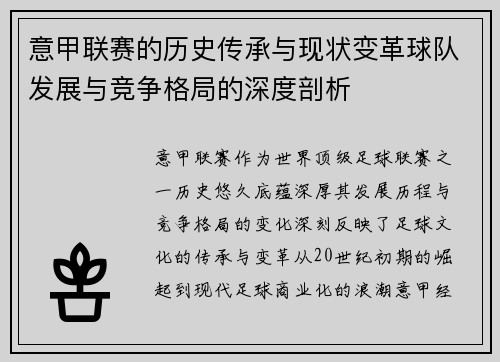 意甲联赛的历史传承与现状变革球队发展与竞争格局的深度剖析