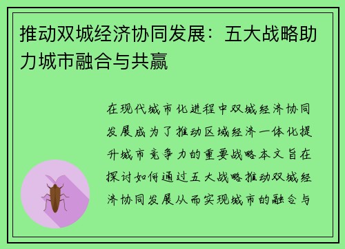 推动双城经济协同发展：五大战略助力城市融合与共赢