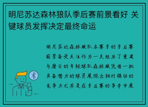 明尼苏达森林狼队季后赛前景看好 关键球员发挥决定最终命运