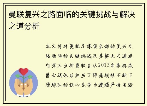 曼联复兴之路面临的关键挑战与解决之道分析
